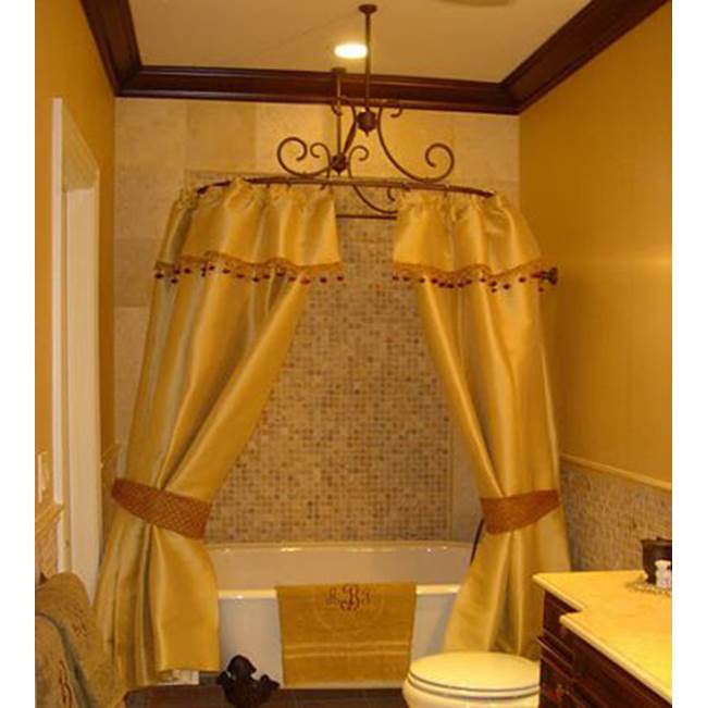 Herbeau ''Art Nouveau'' Shower Curtain Bar with 2 ceiling mount supports and 1 wall mount support in Solibrass