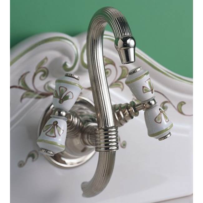 Herbeau ''Verseuse'' Wall Mounted Mixer with White or Handpainted Earthenware Handles in Berain Vert, Polished Brass