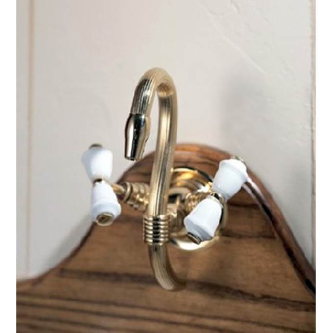 Herbeau ''Verseuse'' Wall Mounted Mixer with White or Handpainted Earthenware Handles in Moustier Polychrome, Polished Nickel