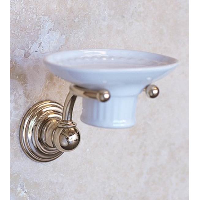 Herbeau ''Royale'' White China Soap Dish and Metal Holder in Weathered Brass