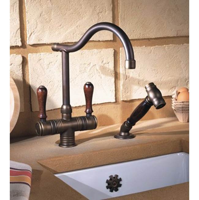 Herbeau ''Valence'' Single-Hole Mixer with Handspray in Wooden Handles, Lacquered Polished Copper