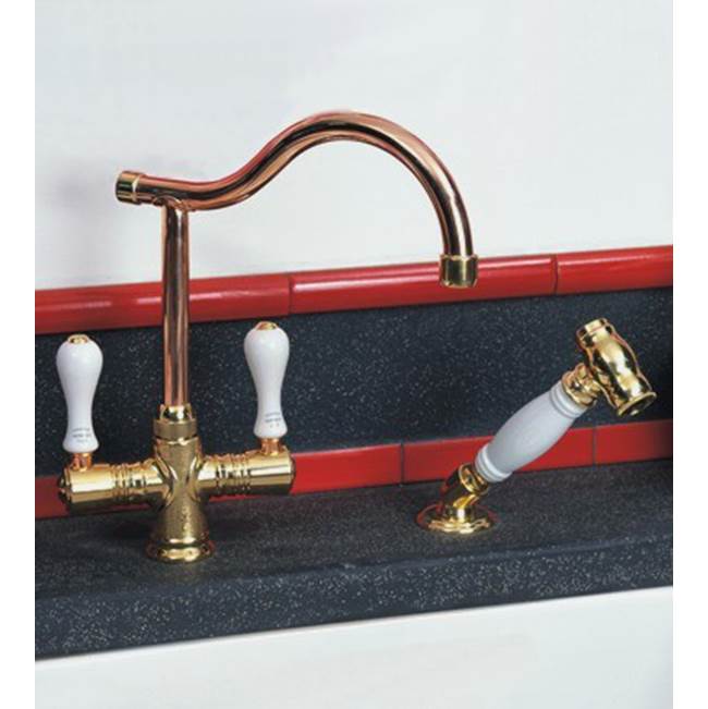 Herbeau ''Ostende'' Single-Hole Mixer with Handspray in White Handles, Antique Lacquered Copper