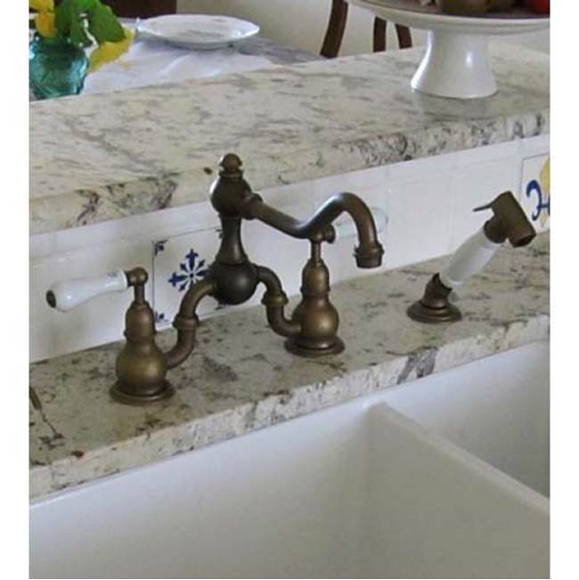 Herbeau ''Royale'' 2 Hole Kitchen Mixer with White Lever Handles and White Handspray Handle, French Weathered Brass