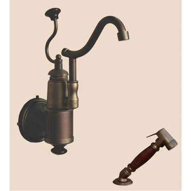 Herbeau ''De Dion'' Wall Mounted Single Lever Mixer with Ceramic Disc Cartridge and Deck Mounted Handspray in White Handles, French Weathered Brass