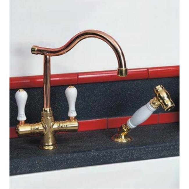 Herbeau ''Ostende'' Single-Hole Mixer with Handspray in Wooden Handles, Weathered Copper and Brass