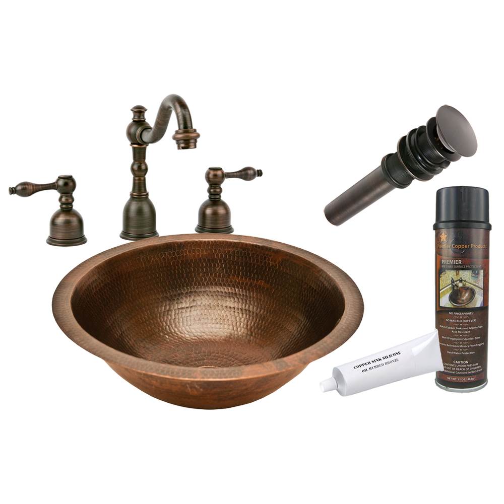 Premier Copper Products Round Under Counter Hammered Copper Sink with ORB Widespread Faucet, Matching Drain and Accessories
